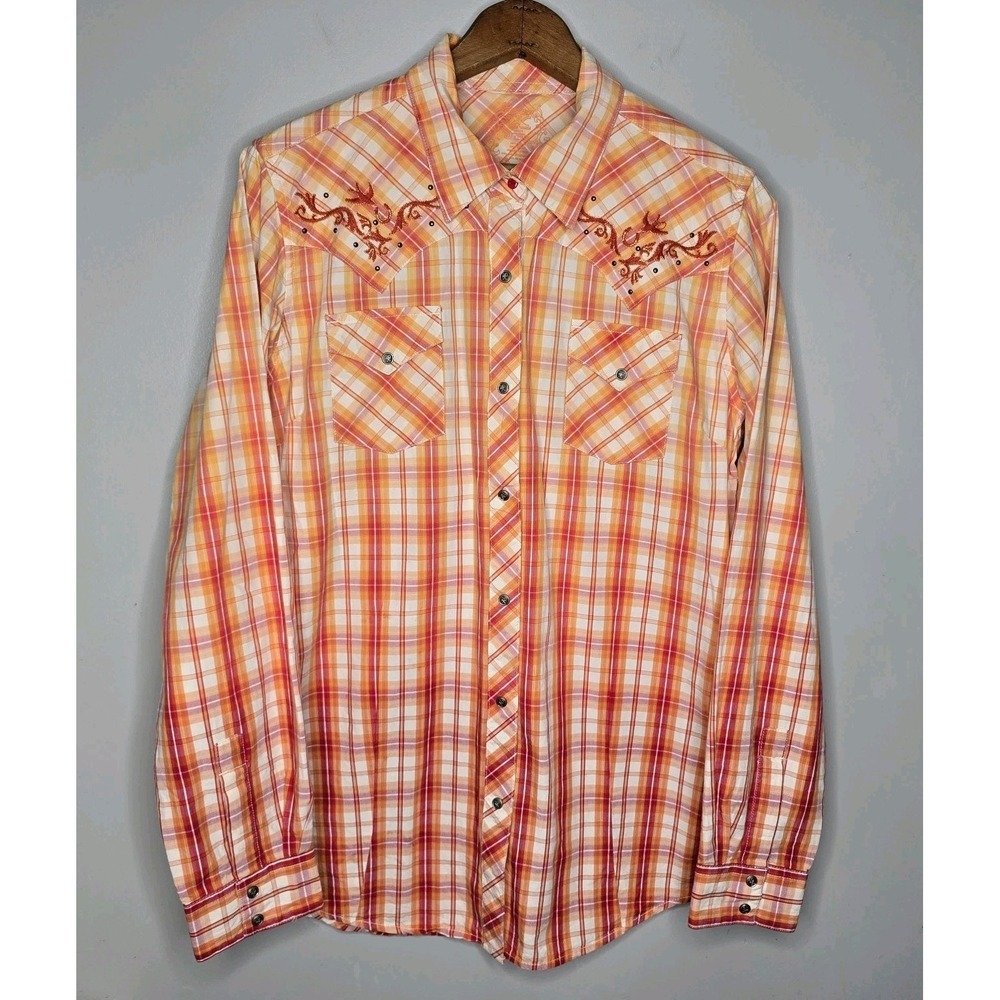 Twenty X Button Down Shirt Womens Large Logo Snap Western Cowgirl Orange Ombre